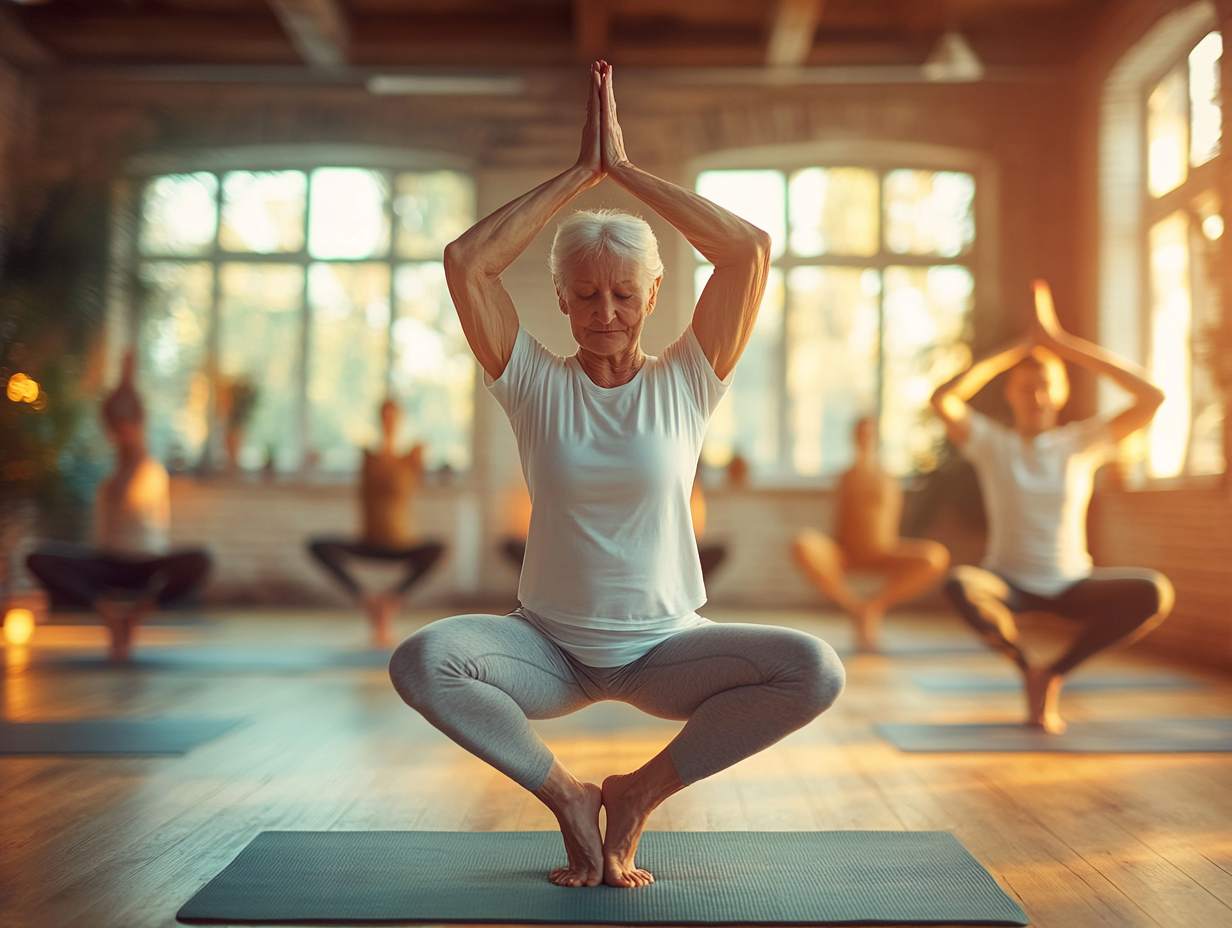 Інструктор йоги проводить заняття для групи старшого віку